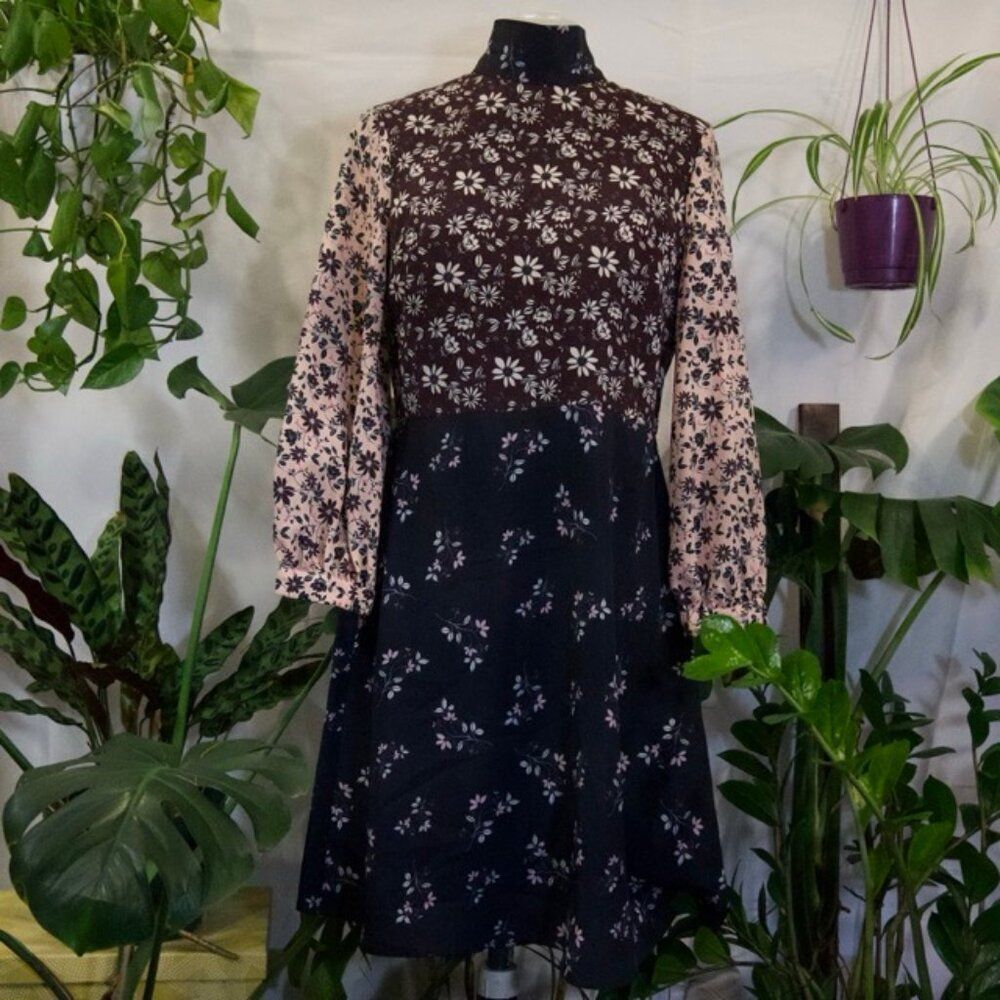 1901 Floral Midi Zipper-Back Dress with Puff Sleeves, Size 4